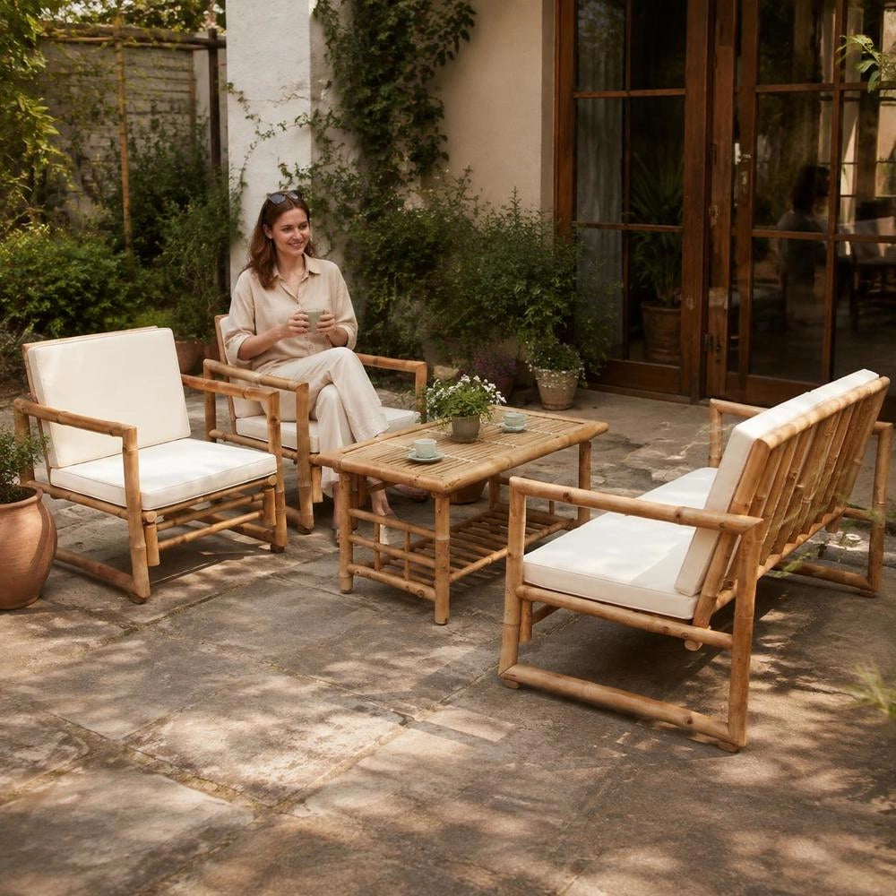 4-piece Garden Lounge Set With Cushions, Bamboo