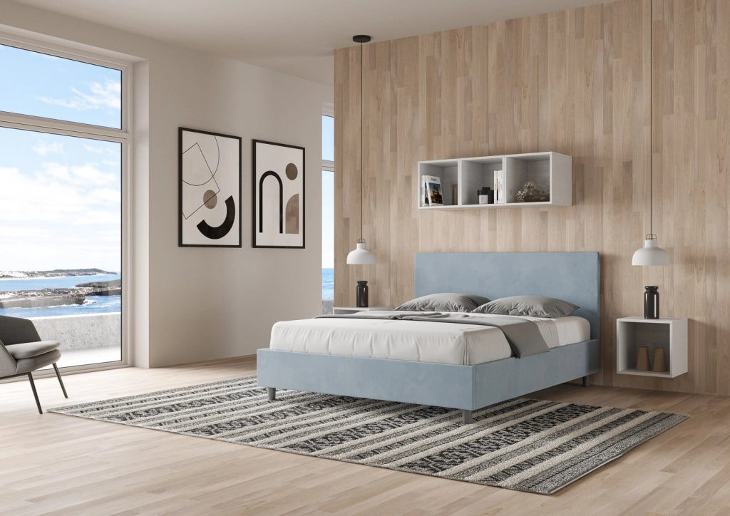 BS COM Letto matrimoniale francese contenitore imbottito 140x200 microfibra azzurro