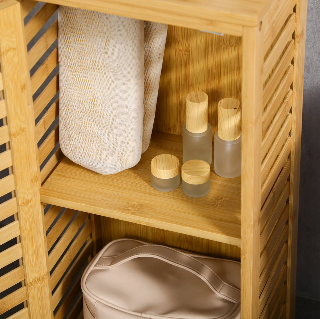 Mobiletto da bagno in bambù naturale con anta a lamelle e ripiano regolabile 30 x 19;9 x 70 cm