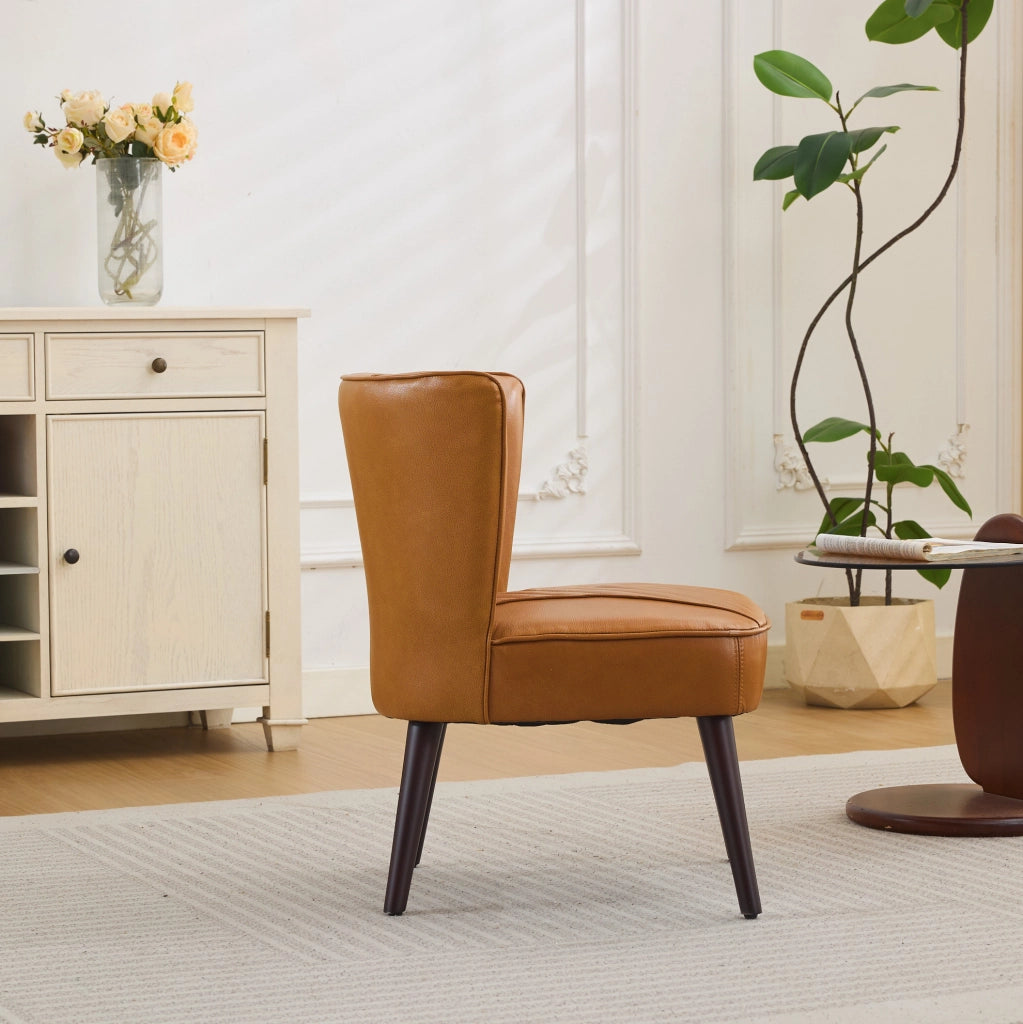 Poltrona lounge in pelle bovina marrone chiaro senza braccioli con base in legno massiccio di caucciù