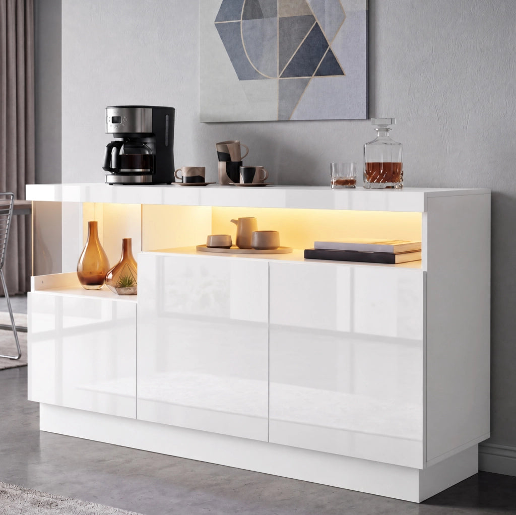 Credenza bianca 140 cm con LED controllati via app e vano acrilico