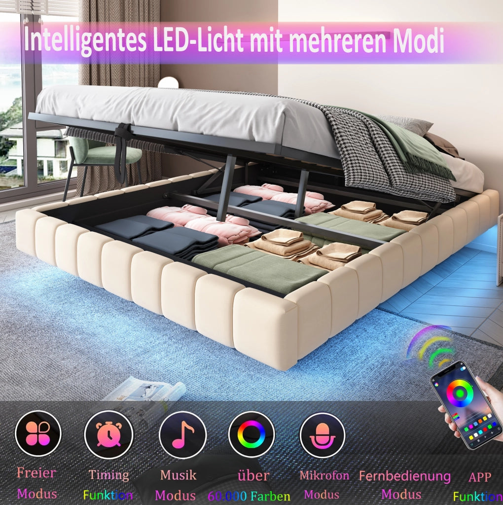 Letto imbottito sospeso con LED e contenitore, beige 140 x 200 cm