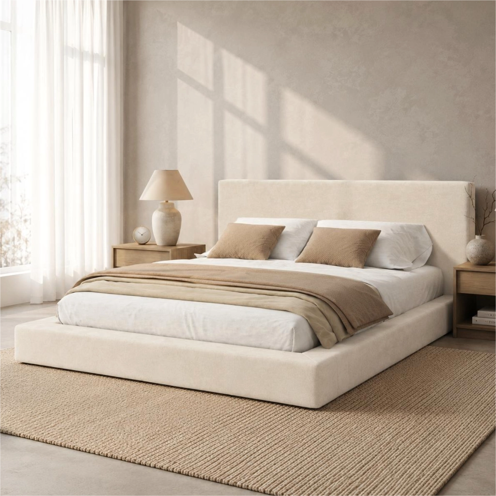 Letto matrimoniale imbottito 160x200 cm con rete a doghe e testiera capitonné; rivestimento in ciniglia; beige