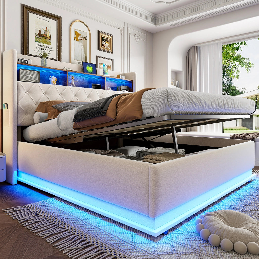 Letto imbottito 180x200 cm con LED multicolore, USB e contenitore idraulico in lino beige