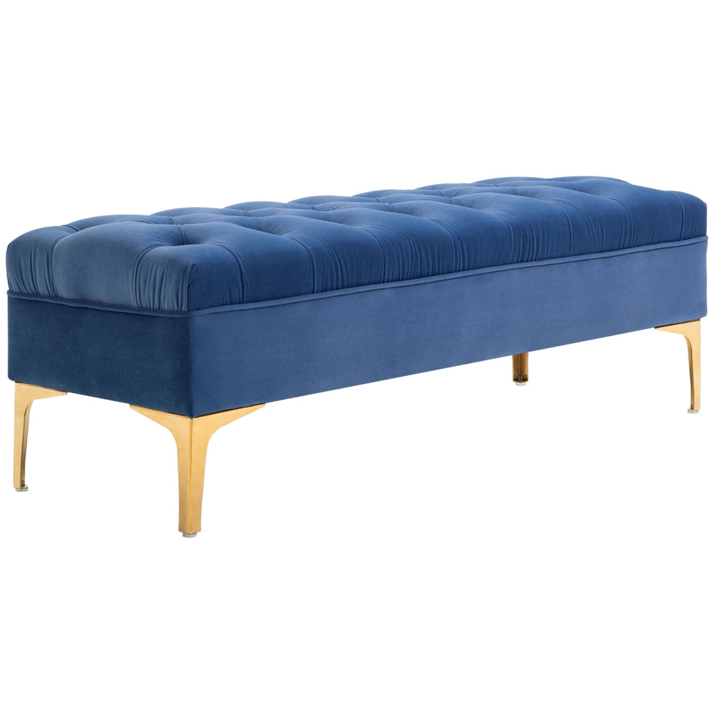 Panca imbottita multifunzione con seduta capitonne e piedi metallici in velluto blu e oro 118×45×42 cm