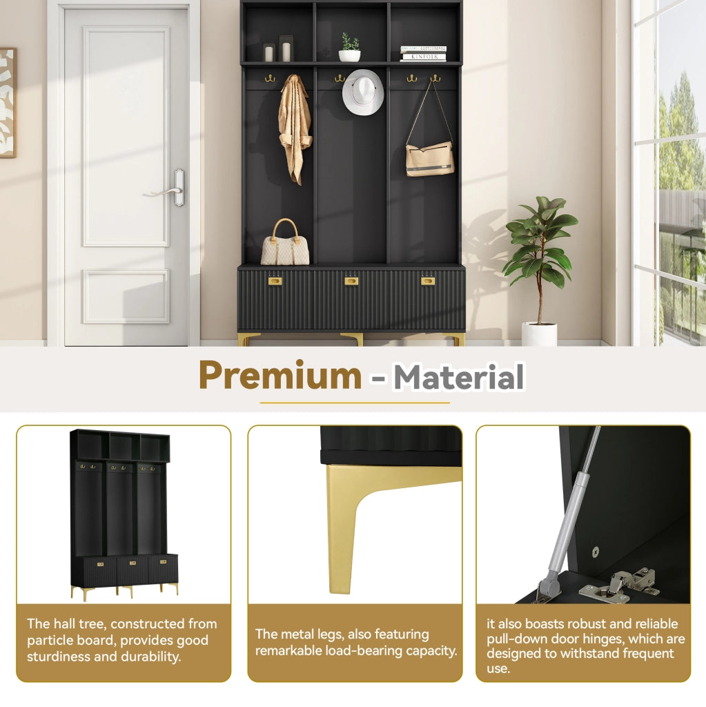Mobile ingresso con panca e appendiabiti 120x23;5x191;5 cm in truciolare; nero e oro