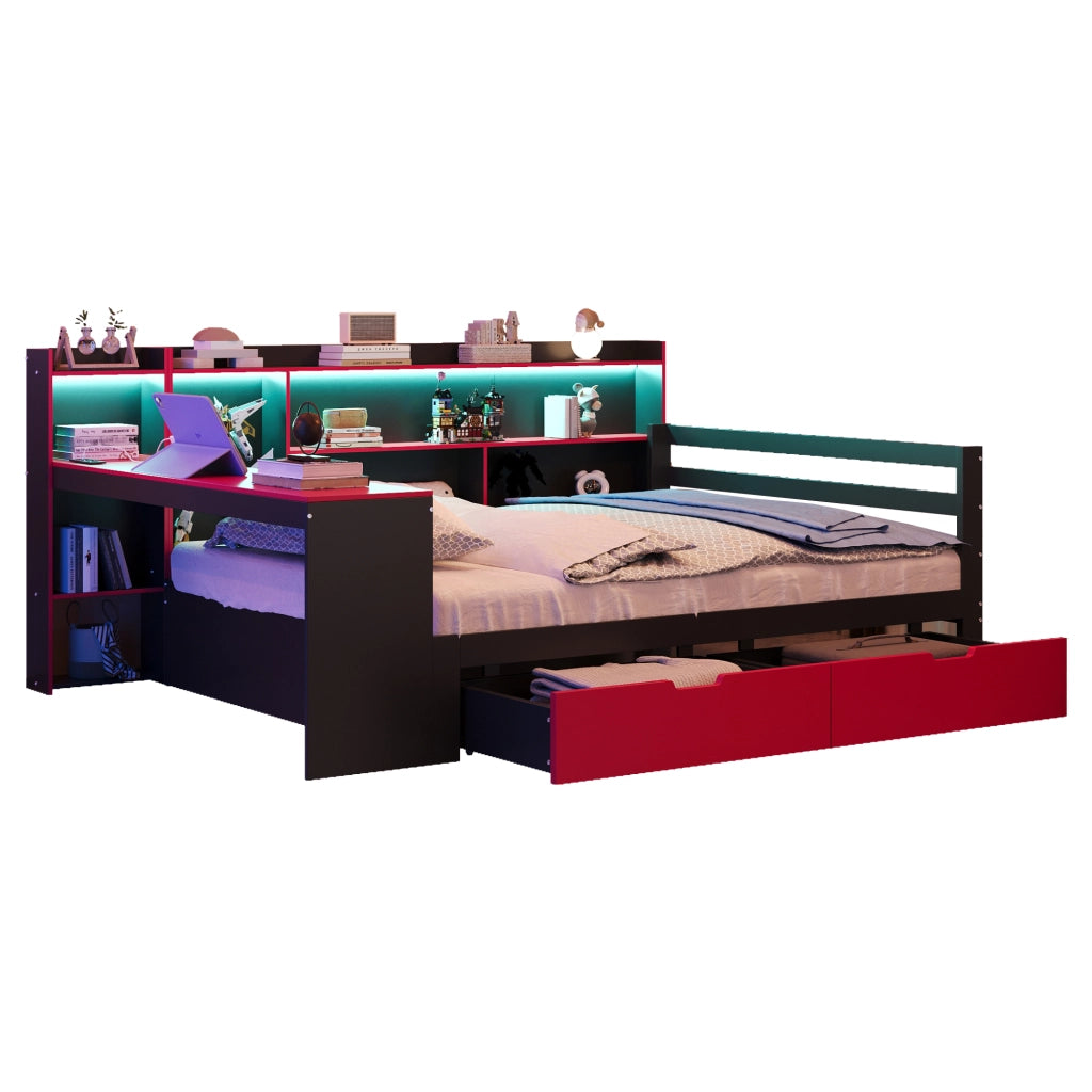 Letto divano matrimoniale 140 × 200 cm con scrivania, LED, prese e USB, senza materasso, nero e rosso