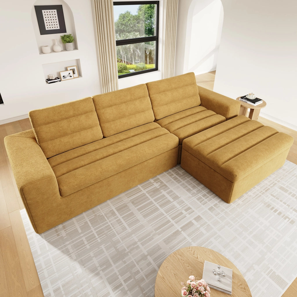 Divano angolare modulare 253x161 cm con pouf in ciniglia arancione
