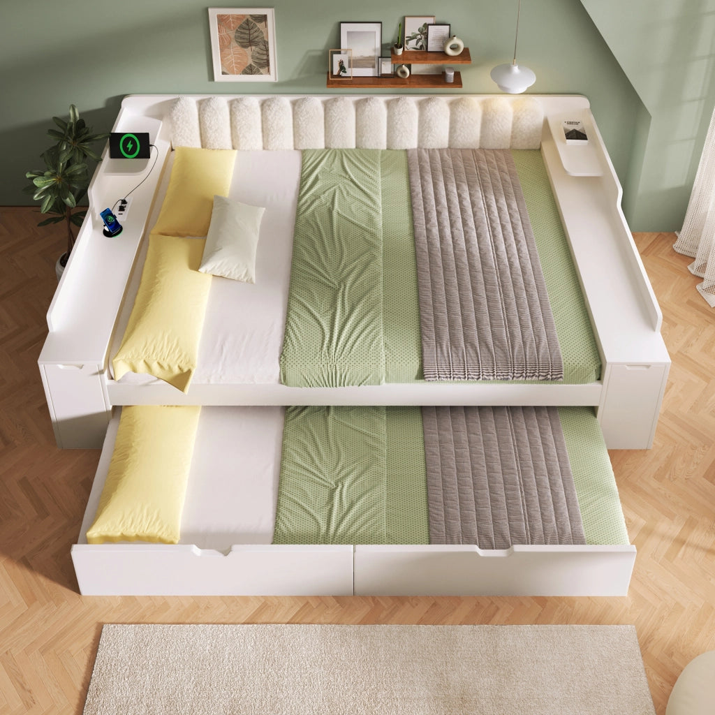 Letto estraibile matrimoniale 140x190 cm; rete a doghe metalliche; stazione di ricarica; contenitore nascosto; legno; schienale sherpa; bianco
