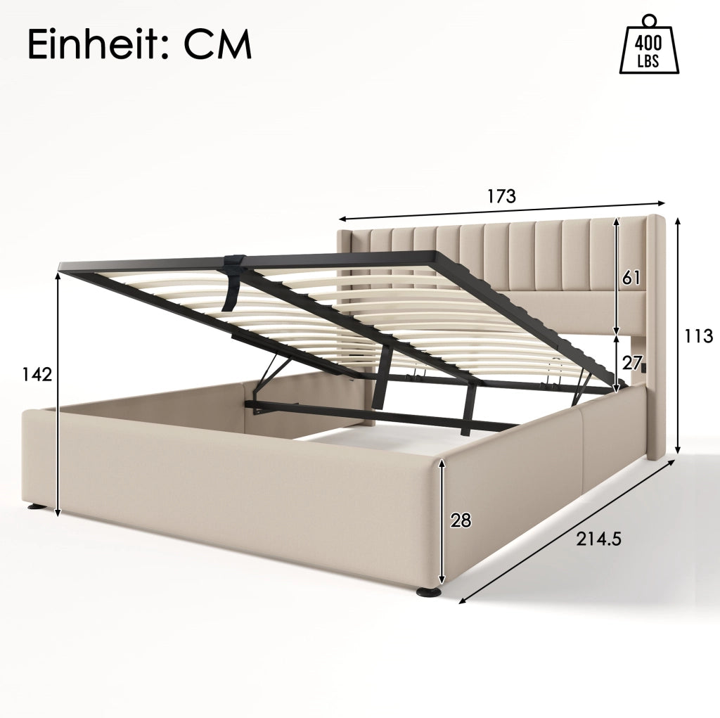Letto matrimoniale imbottito con contenitore e sistema idraulico 160x200 cm, in lino beige