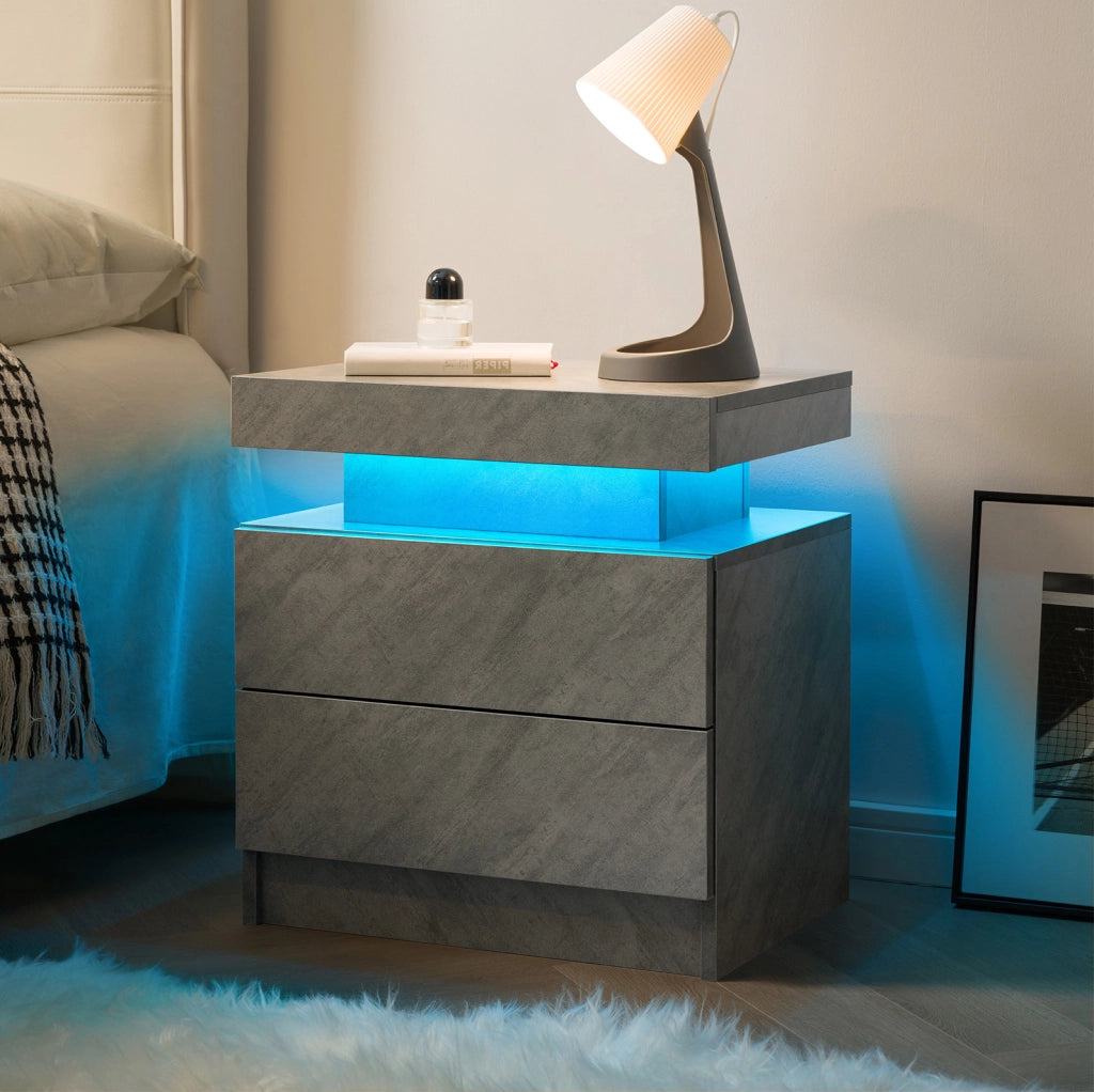 Comodino Moderno con Luci LED Regolabili e 2 Cassetti, Grigio Scuro