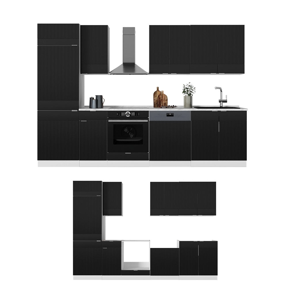 Cucina componibile Fame-Line Nero rigato/Bianco 300 cm, PL Marmo Vicco