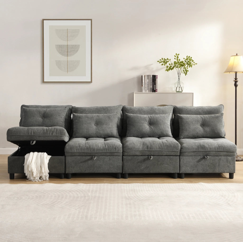 Divano letto modulare 4 posti con contenitore in ciniglia grigio anticato HOMVRA