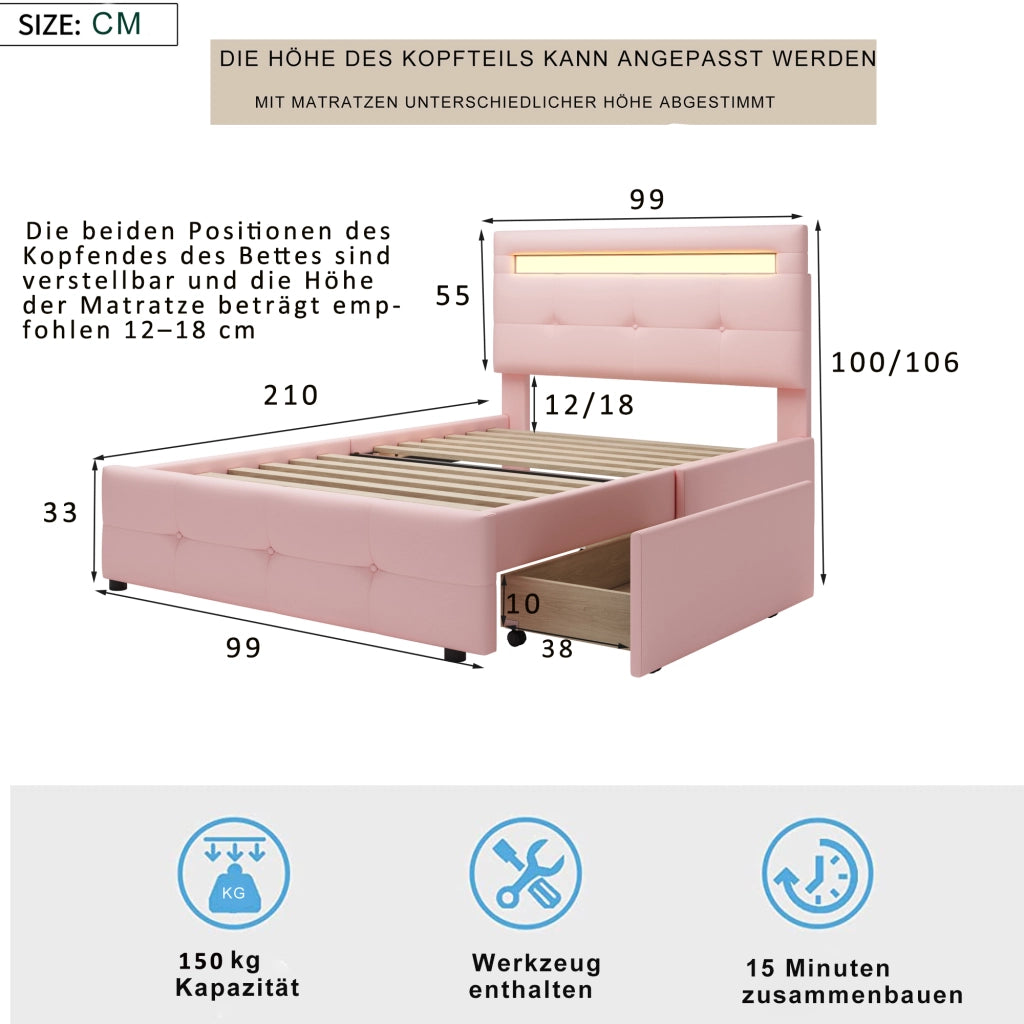 Letto Singolo 90x200 Imbottito Rosa con Luci LED e 2 Cassetti