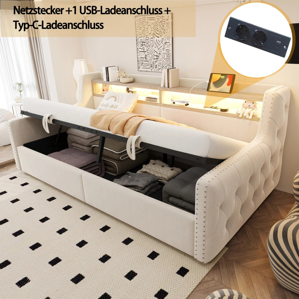 Divano letto imbottito con LED, prese e contenitore, 90x200 cm, beige