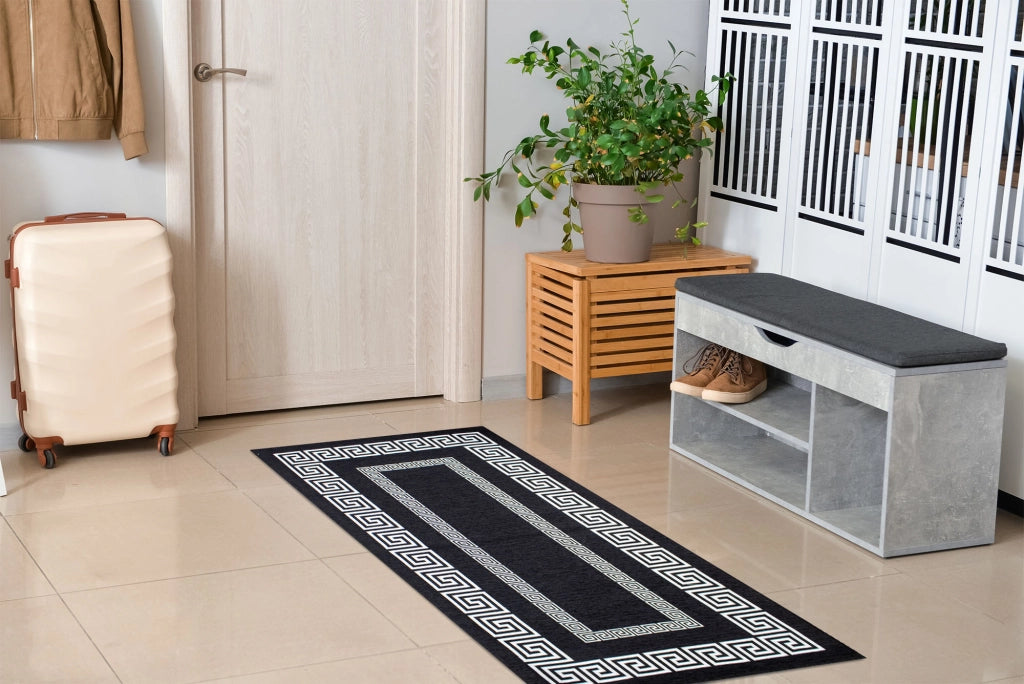 Tappeto Arredo Moderno Morbido in Ciniglia Ingresso Antiscivolo Prodotto Italiano  Soggiorno Camera Salotto Disegni Piazzati Cotone Varie Misure Grande Atena/Nerobianco - 175x280 cm