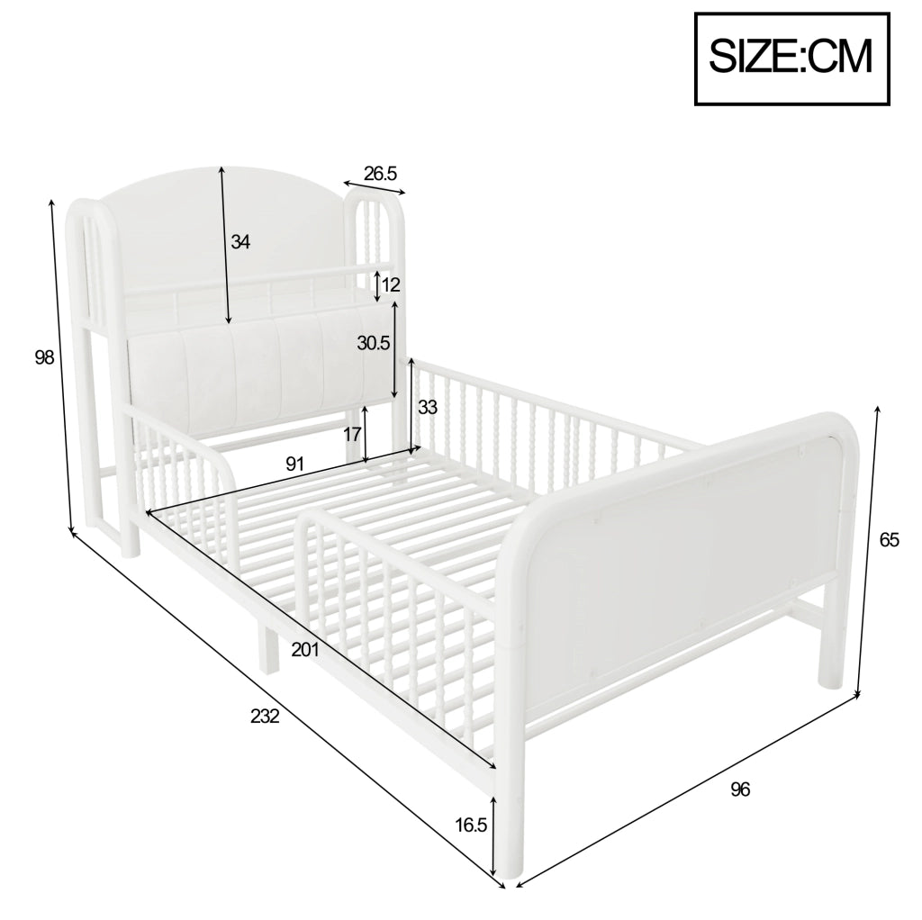 Letto singolo per bambini ULEVR 90x200 cm con sponde di sicurezza, testiera imbottita, vano e LED bianco