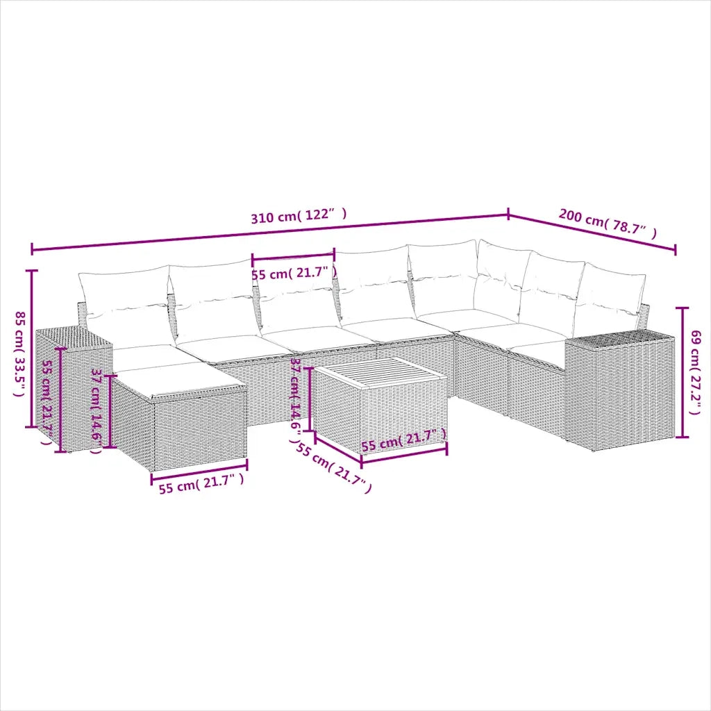 Set Divani da Giardino 9 pz con Cuscini Grigio in Polyrattan 3225585