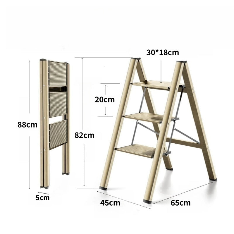 Scala pieghevole in alluminio color oro con gradini antiscivolo e piedini in gomma fino a 150 kg 65 × 45 × 82 cm