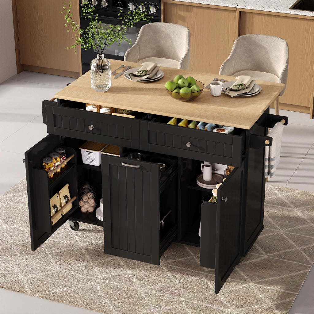 Isola da cucina con piano estraibile e pieghevole; cassetti a due livelli; ruote; nero e naturale 140 × 40-70 × 92 cm