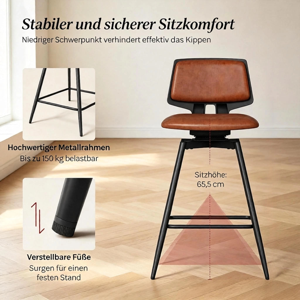 Sgabello da Bar Set da 2 Girevole a 360° con Schienale Ergonomico e Poggiapiedi in Metallo, Similpelle Marrone