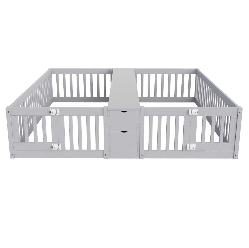 Letto doppio per bambini 90x200 cm con cassetti e ripiani in pino, compensato e MDF grigio