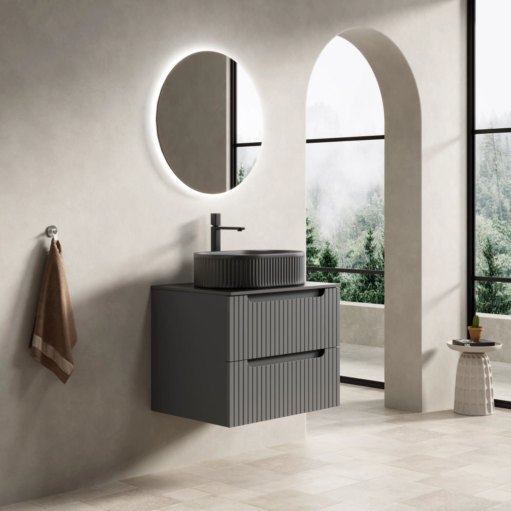 Mobile lavabo sospeso 60 cm, nero con lavandino ovale e piano in pietra sinterizzata, mobile in compensato striato con 2 cassetti, grigio scuro, preassemblato