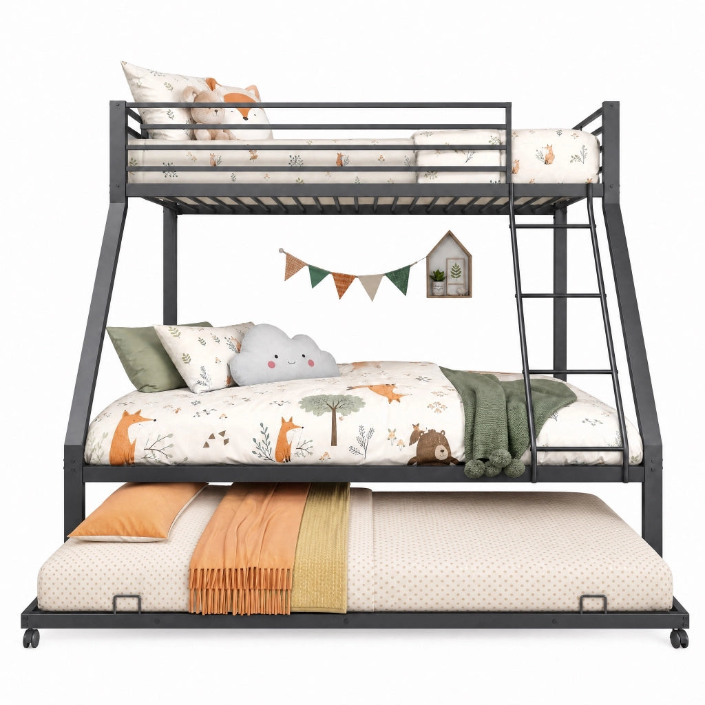 Letto a castello in metallo nero 90 × 200 cm e 140 × 200 cm con letto estraibile 90 × 190 cm fino a 550 kg