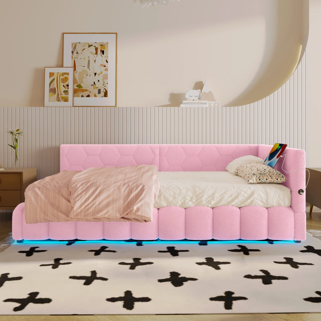 LETTO 90x200 cm Rosa in Vliesimitat e MDF con luce LED, USB e Type-C