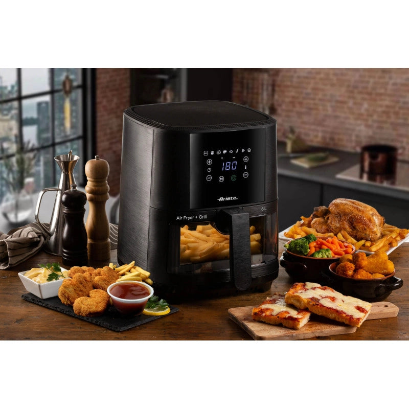 Friggitrice ad aria 1300W, 6L, 2,5kg, 8 programmi preimpostati, cestello trasparente - Nero