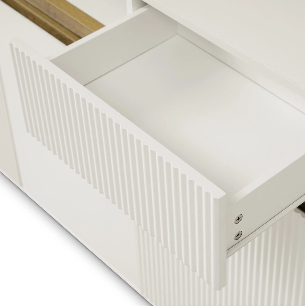 Sideboard LED bianco 140x40x85 cm con 2 cassetti e ripiani regolabili