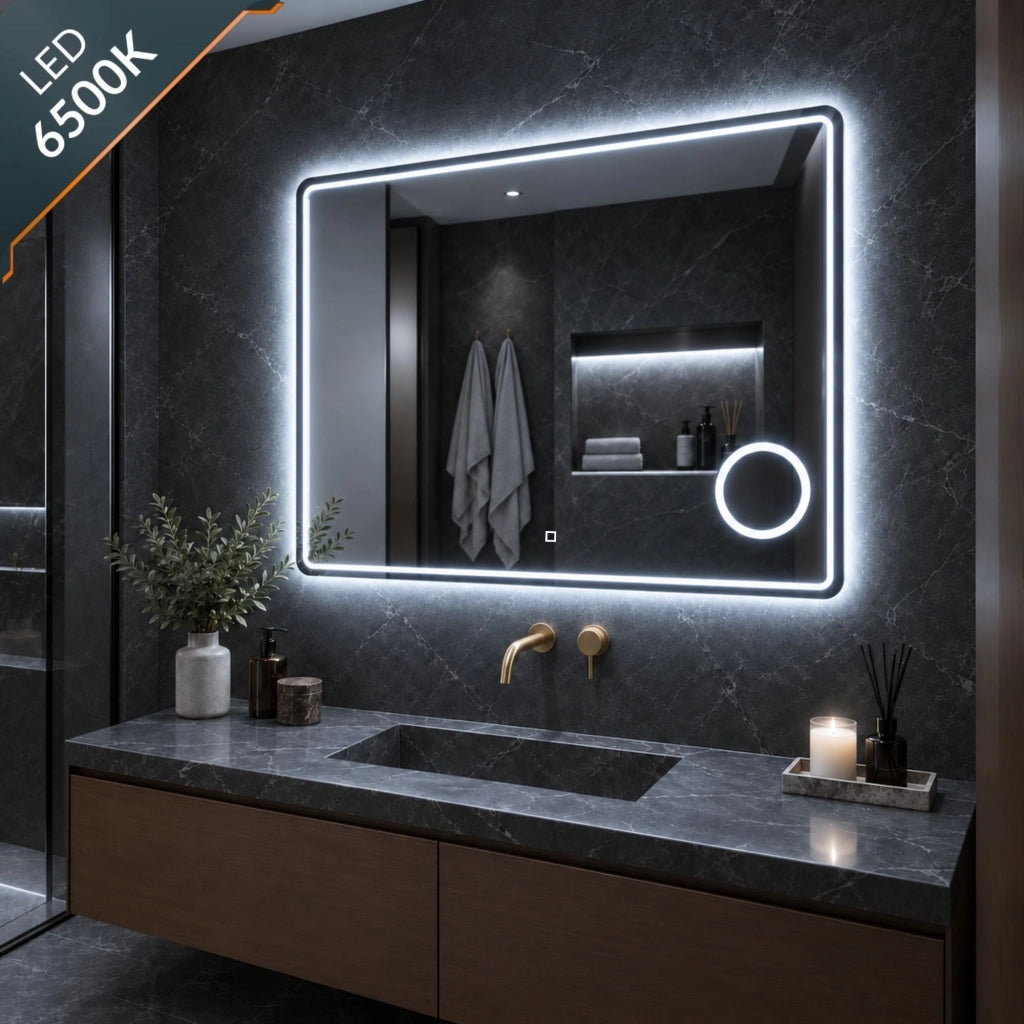 Specchio 5mm rettangolare smussato cornice led interruttore touch lente *** misure 90x70 cm, tonalità dimmerabile 27...