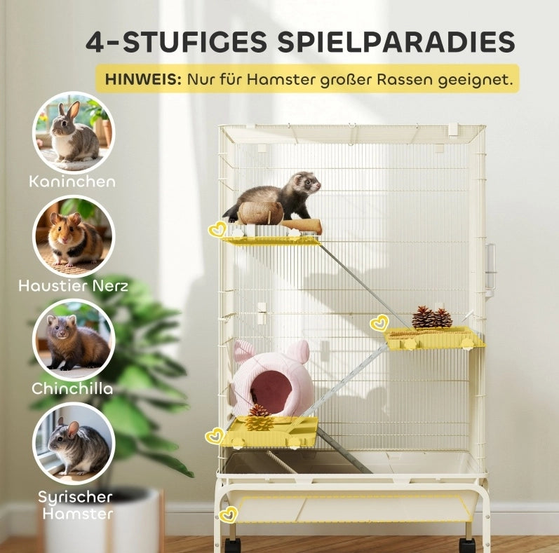 Gabbia per piccoli animali ULEVR a 4 livelli con 3 piattaforme, rampe, ruote e accessori, beige