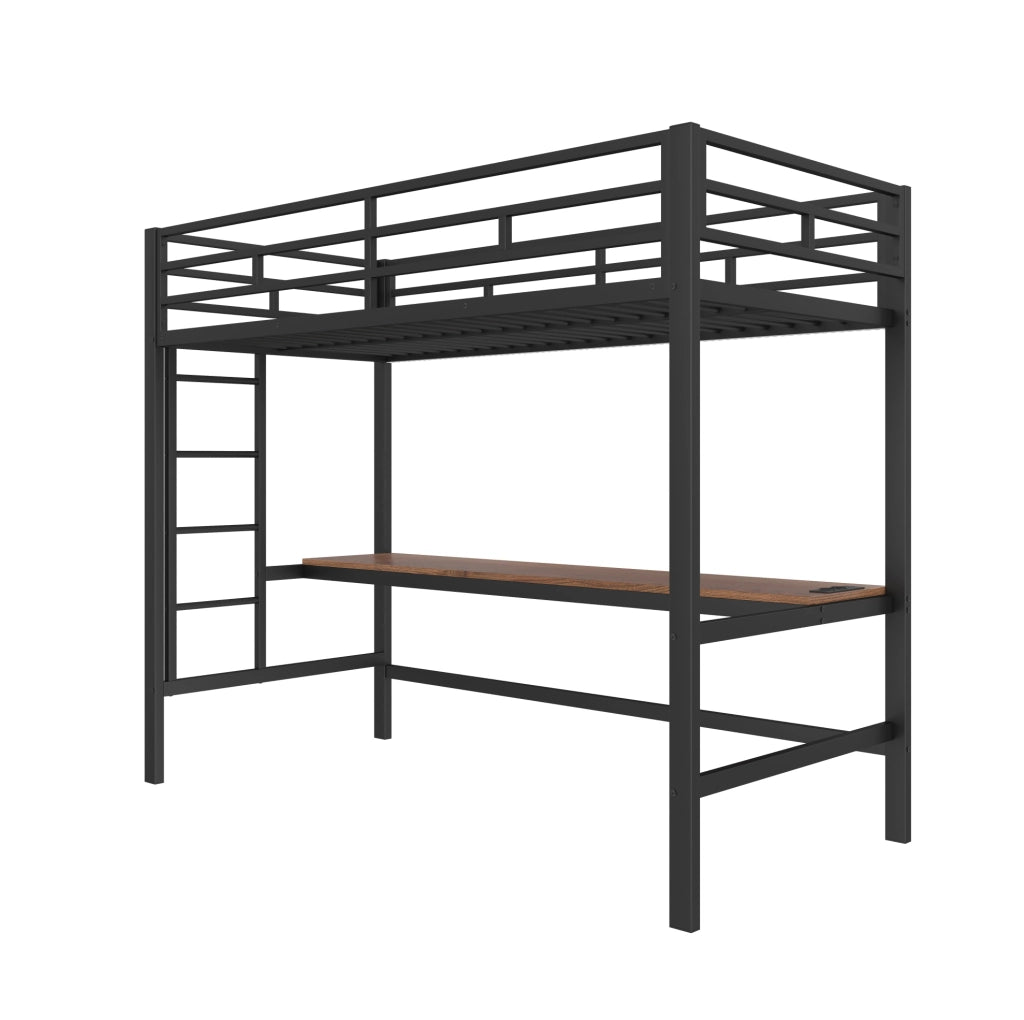 Letto a soppalco ULEVR 90x200 cm con scrivania, LED RGB, prese USB e Type-C, struttura in metallo nero