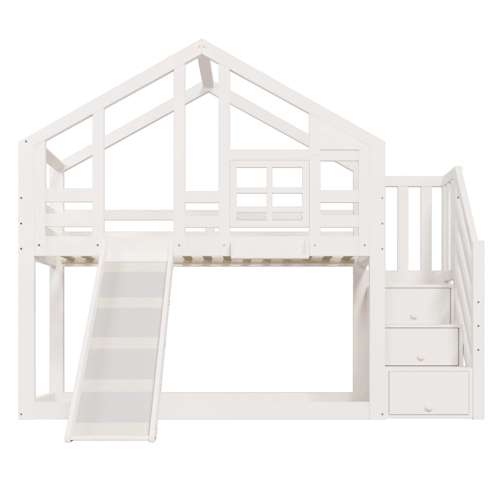 Letto a castello 90x200 cm bianco con profilo a casetta; scivolo; 2 reti