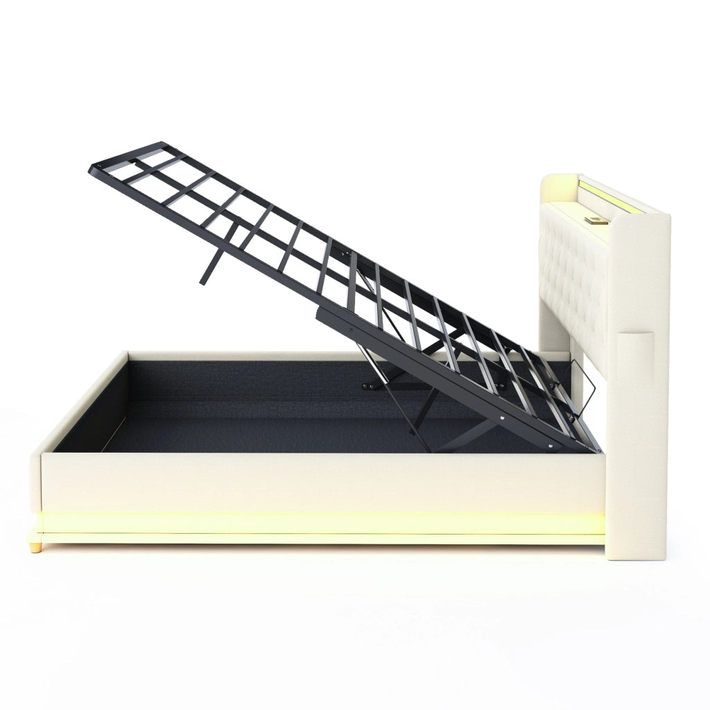 Letto imbottito beige 160x200 cm con LED, USB e vano contenitore