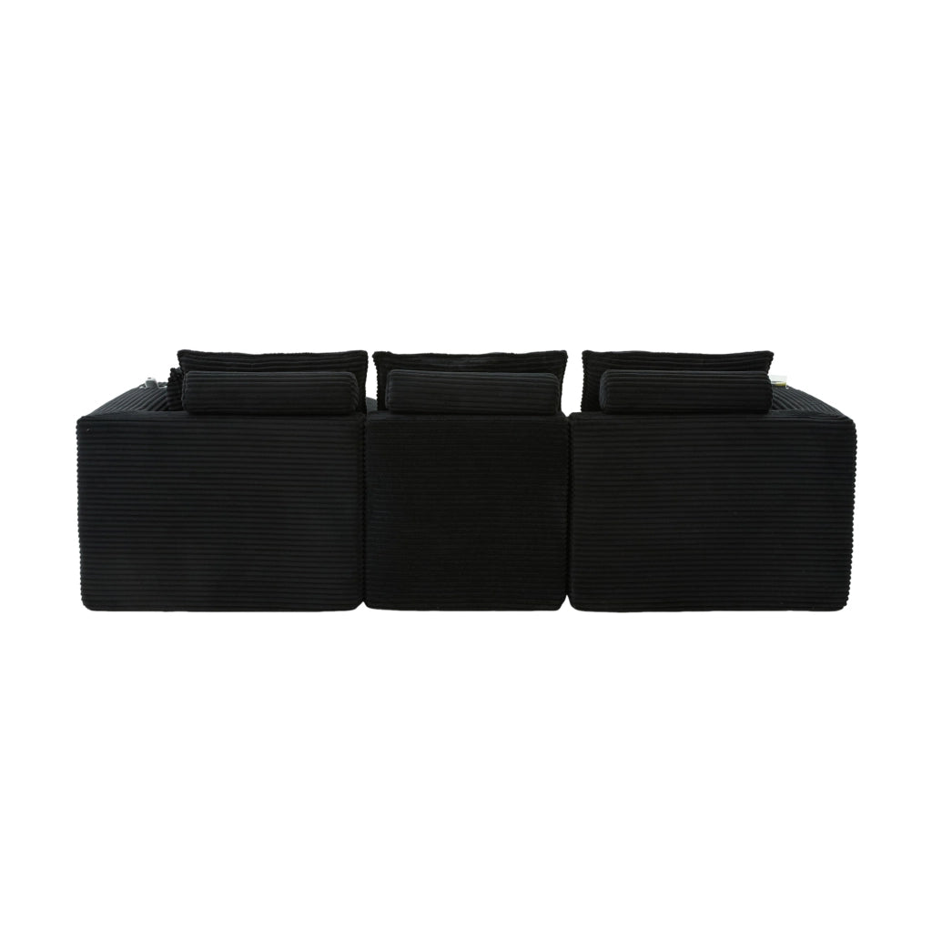 Divano modulare 3 posti con pouf, tessuto in velluto nero, con cuscini, portabicchieri e 2 tasche laterali
