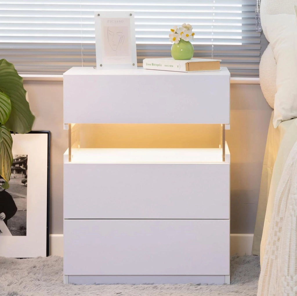 Comodino con 3 cassetti LED con pannello acrilico bianco per camera da letto e soggiorno