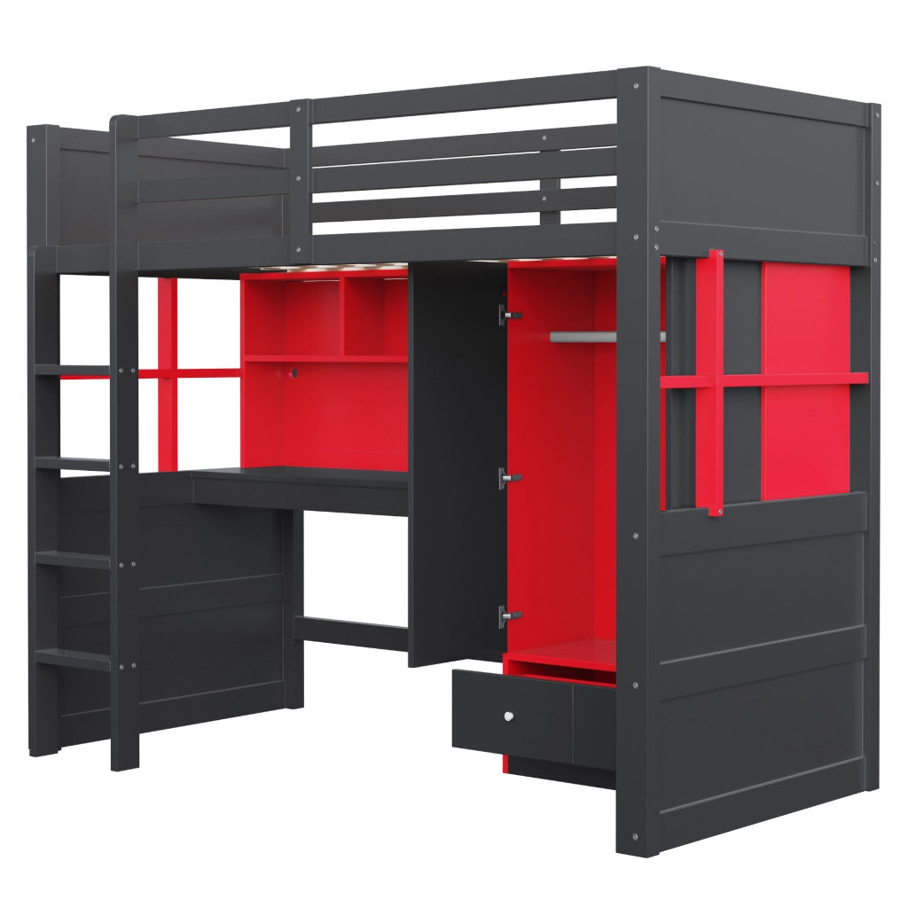 Letto a soppalco 90x200 cm gaming nero e rosso con scrivania; armadio e cassetti