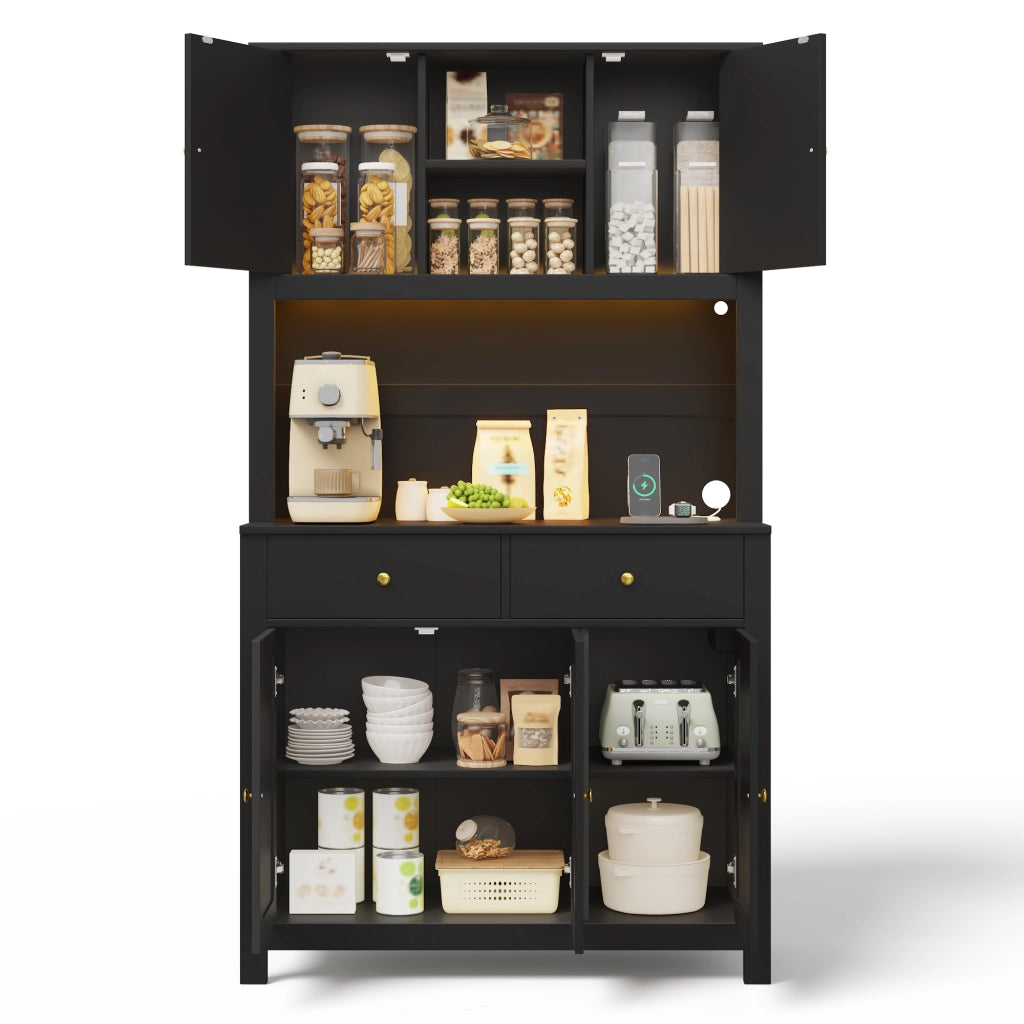 Mobile Dispensa 100x40x180 cm Nero con LED RGB App, 5 Ante Rattan, 2 Cassetti, 2 Prese e 2 USB