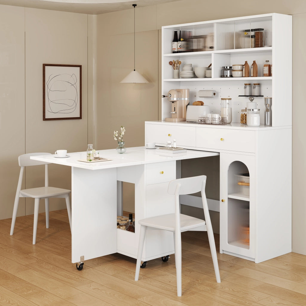 Set cucina con tavolo da pranzo pieghevole e mobile alto in MDF bianco per 2-4 persone con piano di lavoro