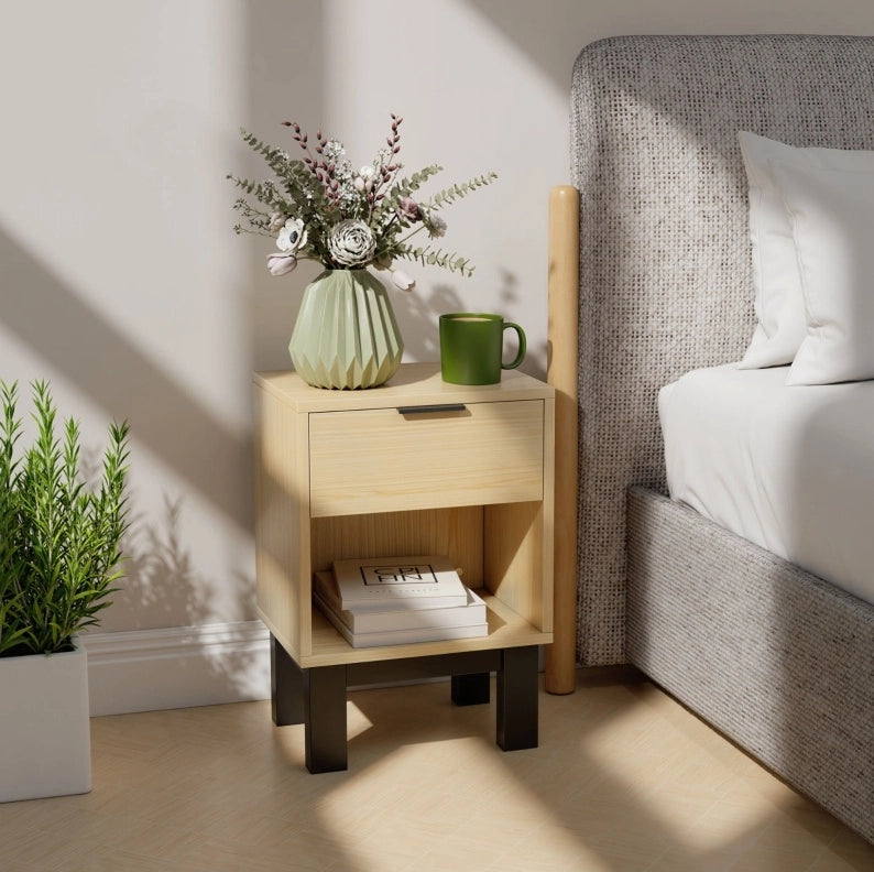 Comodino 35 x 26 x 50 cm in pannello truciolare rovere con cassetto e vano