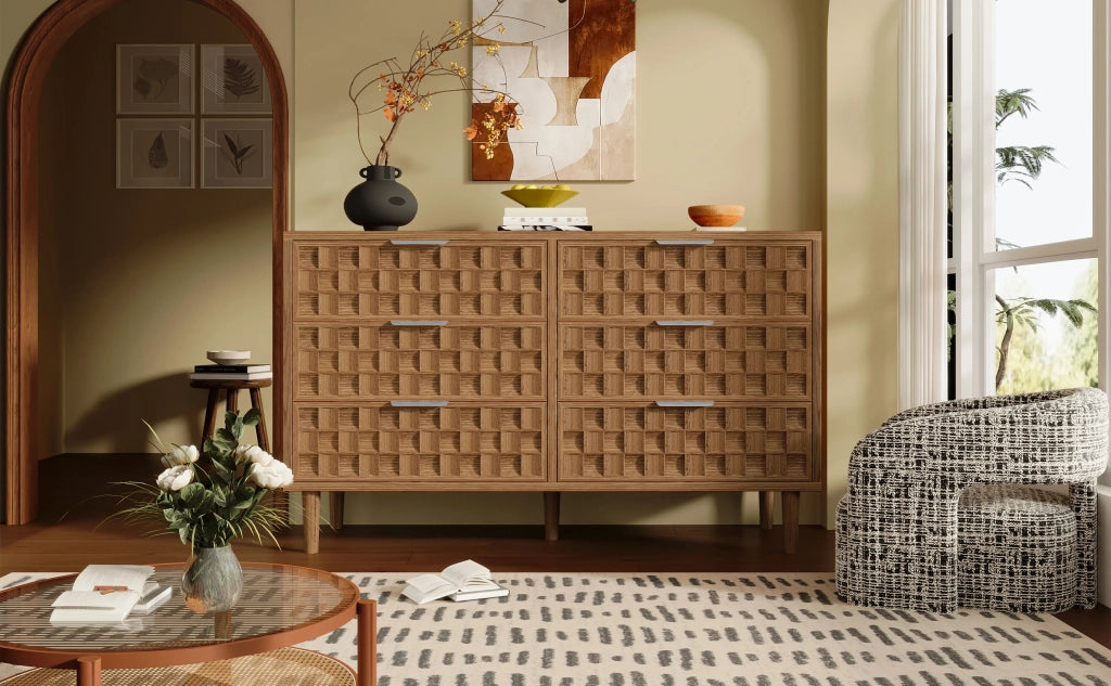Sideboard 120x37x77 cm design waffle cioccolato, finitura rovere, 6 cassetti con maniglie metallo. Mobile Mid-Century per soggiorno, camera, ingresso