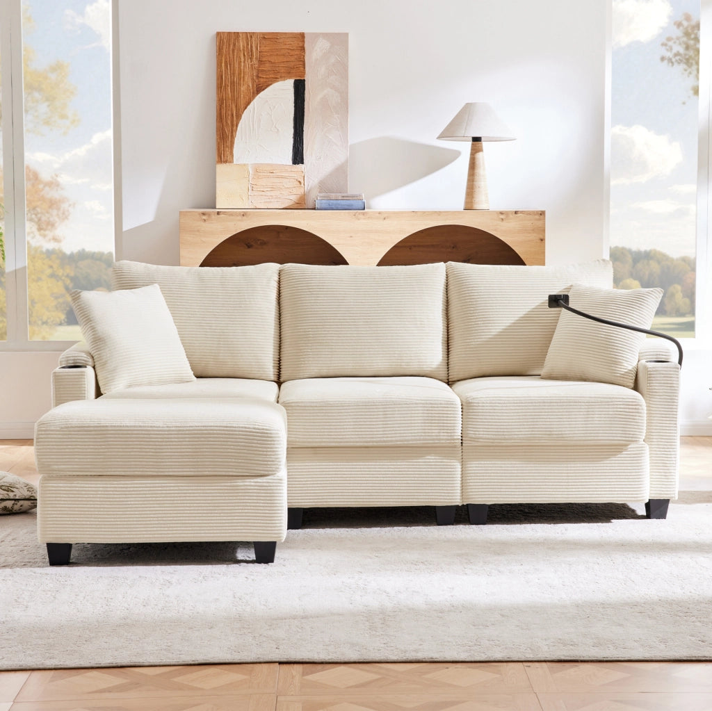 Divano angolare modulabile 3 posti in velluto a coste beige