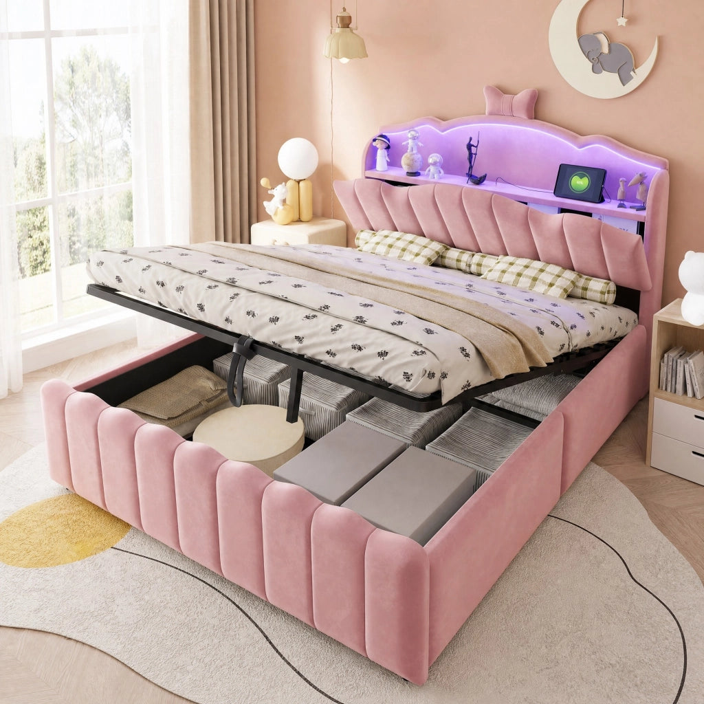LETTO imbottito 140x200 cm in velluto rosa con contenitore