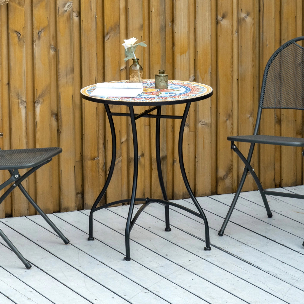 Tavolo da giardino rotondo in metallo con mosaico ceramica Ø60 cm tavolino da balcone e terrazzo resistente per esterno rosso blu e bianco