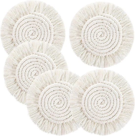 Onderzetters per 6, sottofondi in cotone, sottofondi bohemien, sottofondi rotondi, sottofondi in vetro con macramè, sottofondi per bicchieri, sottofondi per tazze, sottofondi per tavola, sottofondi per bar, sottofondi per bicchieri in vetro