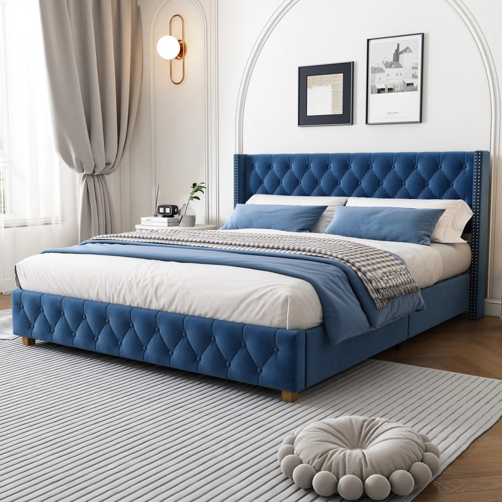 Letto imbottito 160 × 200 cm con rete a doghe testiera con bottoni rivestito in velluto blu