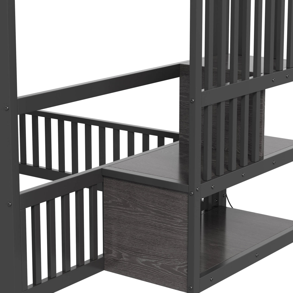 Letto a castello 140x200 con scala contenitore; LED; MDF e metallo; nero