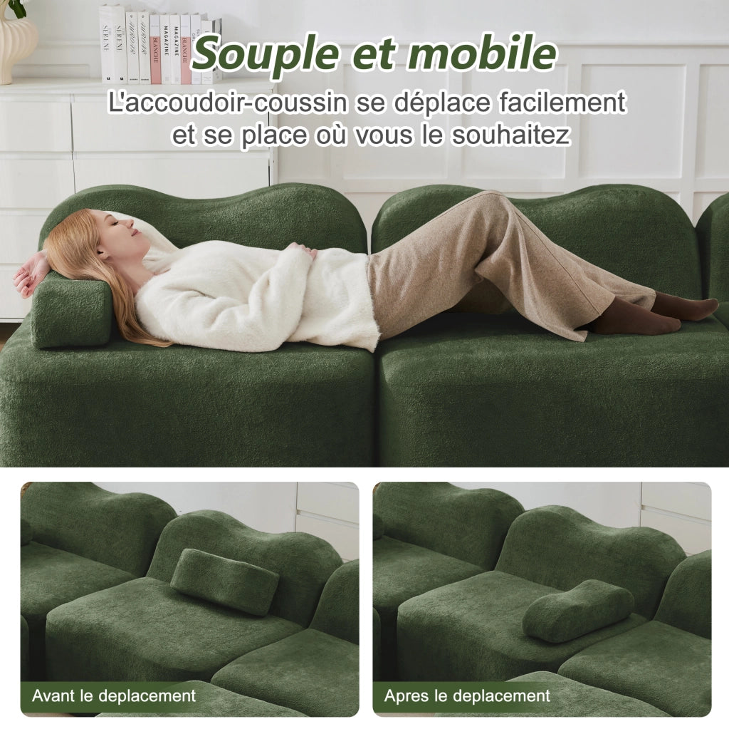 Divano modulare angolare verde in velluto, 3 posti con pouf, schiuma ad alta resilienza 32D